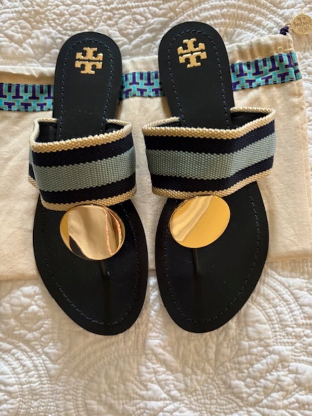 Tory Burch Patos Navy Leather Sandal with Gold Medallion